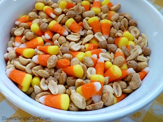 candy corn, peanut, caramel mix