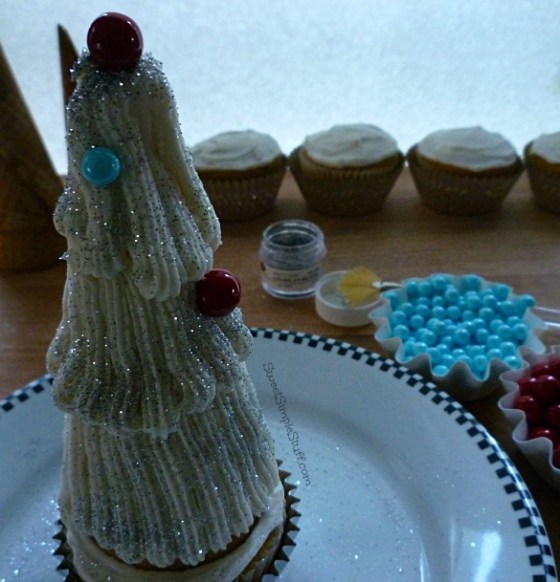 Silver tree cupcakes with red and blue - SweetSimpleStuff.com